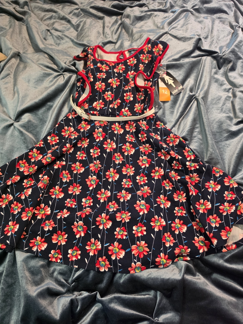 paper doll Navy Floral Fit-&-Flare Dress with Red Trim